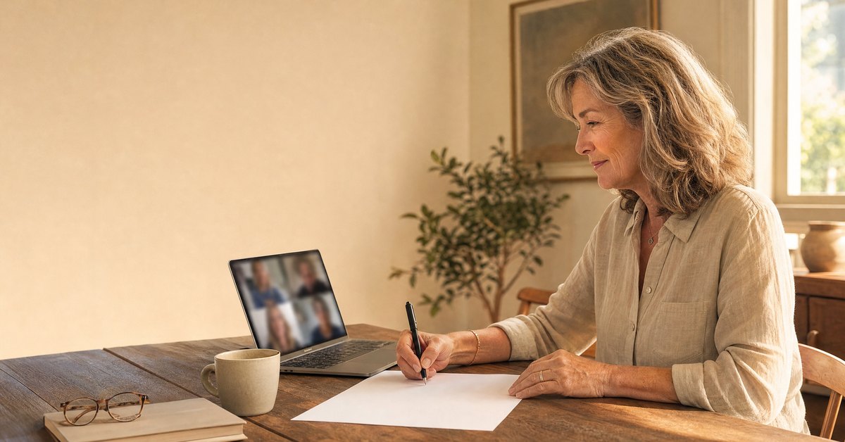 A woman signs a document at her home desk during a video call